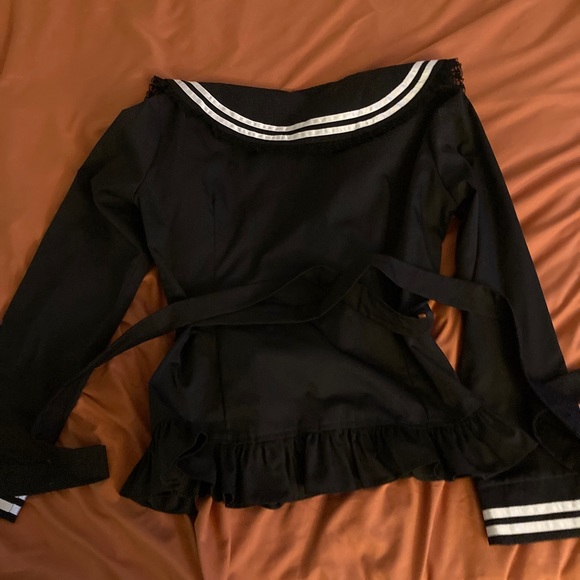 Romantic Black Ruffle Nautical Style Blouse - Picture 4 of 7